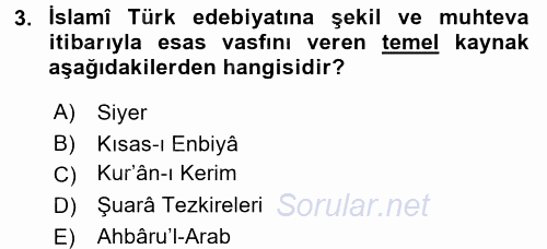 Türk İslam Edebiyatı 2015 - 2016 Ara Sınavı 3.Soru