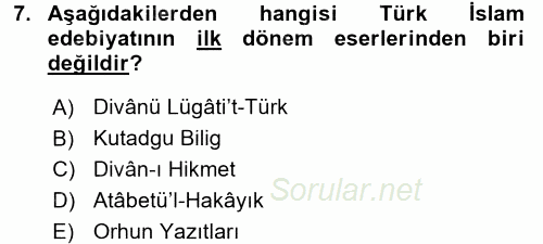 Türk İslam Edebiyatı 2015 - 2016 Ara Sınavı 7.Soru