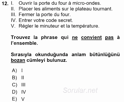 Fransızca 1 2017 - 2018 3 Ders Sınavı 12.Soru