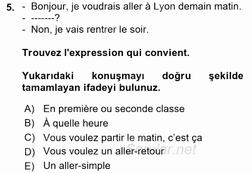 Fransızca 1 2017 - 2018 3 Ders Sınavı 5.Soru