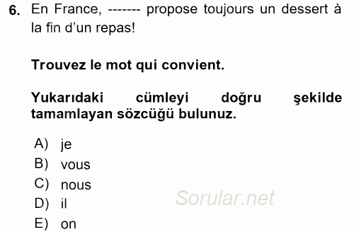 Fransızca 1 2017 - 2018 3 Ders Sınavı 6.Soru