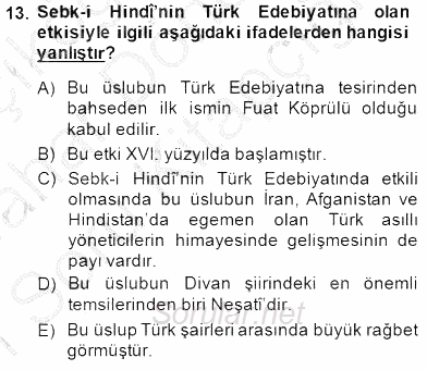 XVII. Yüzyıl Türk Edebiyatı 2014 - 2015 Ara Sınavı 13.Soru