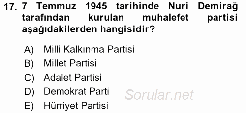Atatürk İlkeleri Ve İnkılap Tarihi 2 2015 - 2016 Tek Ders Sınavı 17.Soru