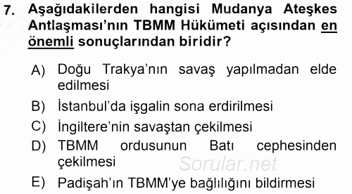 Türk Dış Politikası 1 2015 - 2016 Ara Sınavı 7.Soru