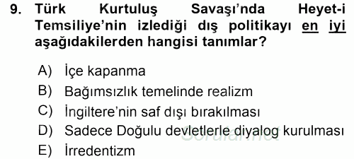 Türk Dış Politikası 1 2015 - 2016 Ara Sınavı 9.Soru