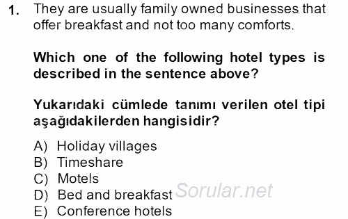 Turizm İçin 1ngilizce 1 2013 - 2014 Tek Ders Sınavı 1.Soru