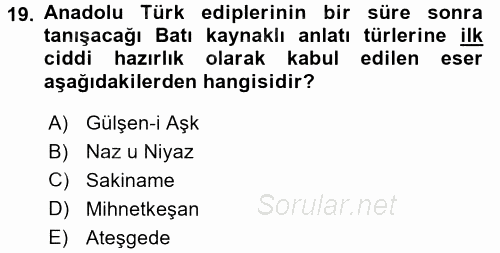XIX. Yüzyıl Türk Edebiyatı 2015 - 2016 Tek Ders Sınavı 19.Soru