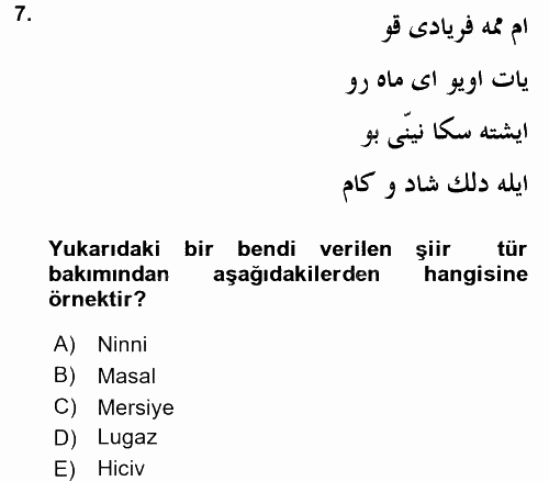 XIX. Yüzyıl Türk Edebiyatı 2015 - 2016 Tek Ders Sınavı 7.Soru