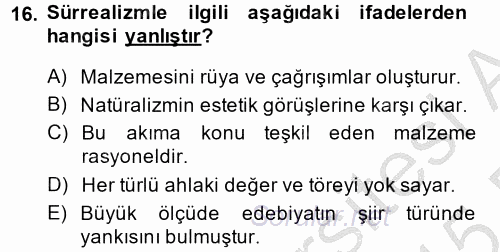 Batı Edebiyatında Akımlar 2 2014 - 2015 Ara Sınavı 16.Soru
