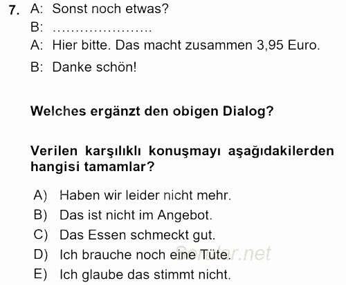 Almanca 1 2015 - 2016 Tek Ders Sınavı 7.Soru
