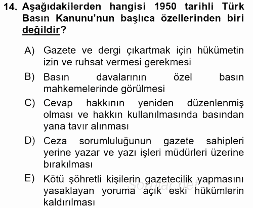 Türk Basın Tarihi 2017 - 2018 Dönem Sonu Sınavı 14.Soru