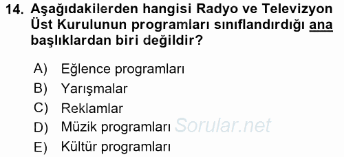 Radyo ve Televizyon İşletmeciliği 2015 - 2016 Ara Sınavı 14.Soru