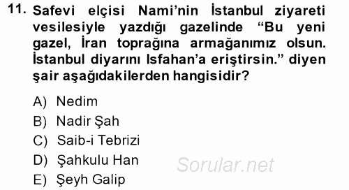 XVIII. Yüzyıl Türk Edebiyatı 2014 - 2015 Ara Sınavı 11.Soru