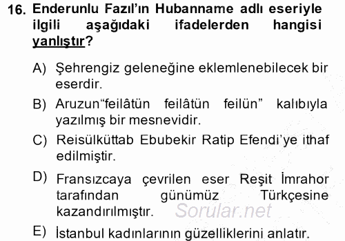 XVIII. Yüzyıl Türk Edebiyatı 2014 - 2015 Ara Sınavı 16.Soru