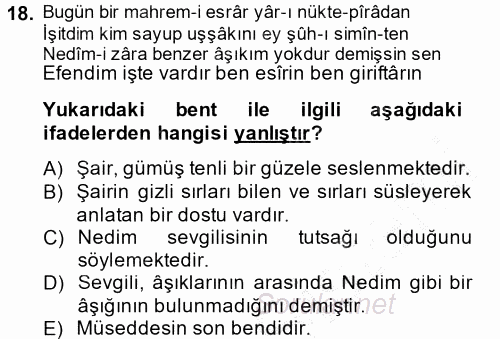 XVIII. Yüzyıl Türk Edebiyatı 2014 - 2015 Ara Sınavı 18.Soru