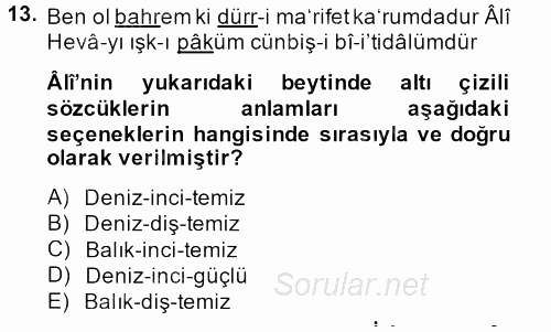 XVI. Yüzyıl Türk Edebiyatı 2014 - 2015 Dönem Sonu Sınavı 13.Soru