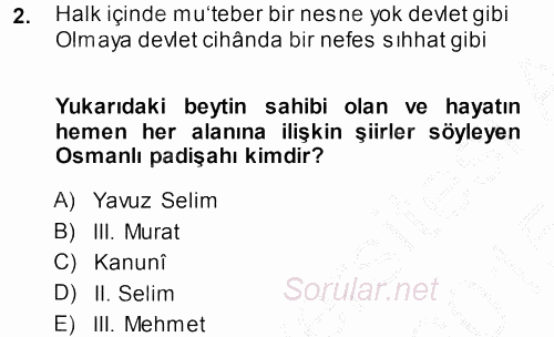 XVI. Yüzyıl Türk Edebiyatı 2014 - 2015 Dönem Sonu Sınavı 2.Soru
