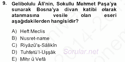 XVI. Yüzyıl Türk Edebiyatı 2014 - 2015 Dönem Sonu Sınavı 9.Soru