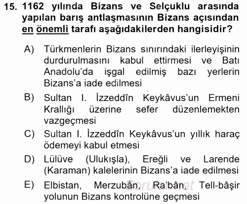 Türkiye Selçuklu Tarihi 2016 - 2017 Ara Sınavı 15.Soru