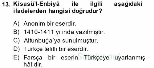 XI-XIII. Yüzyıllar Türk Dili 2014 - 2015 Tek Ders Sınavı 13.Soru