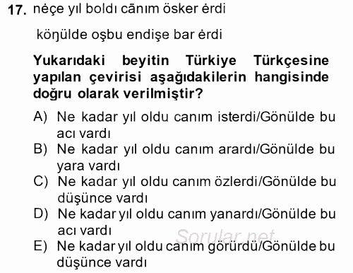 XI-XIII. Yüzyıllar Türk Dili 2014 - 2015 Tek Ders Sınavı 17.Soru