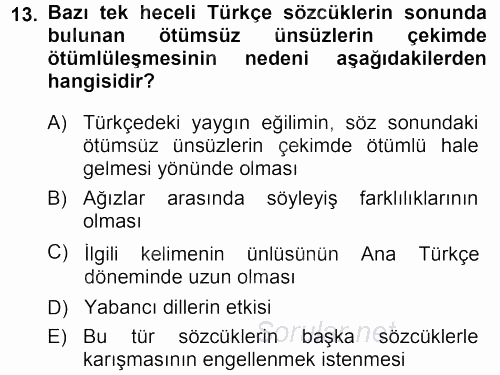 Türkçe Ses Bilgisi 2013 - 2014 Dönem Sonu Sınavı 13.Soru