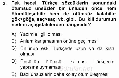 Türkçe Ses Bilgisi 2013 - 2014 Dönem Sonu Sınavı 2.Soru