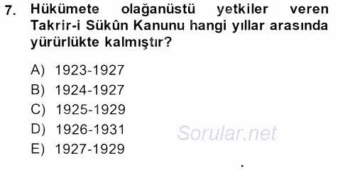 Türk Siyasal Hayatı 2014 - 2015 Ara Sınavı 7.Soru