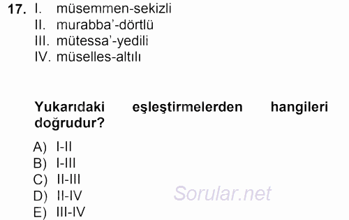 Eski Türk Edebiyatına Giriş: Biçim ve Ölçü 2012 - 2013 Ara Sınavı 17.Soru