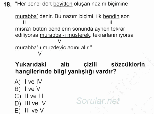 Eski Türk Edebiyatına Giriş: Biçim ve Ölçü 2012 - 2013 Ara Sınavı 18.Soru