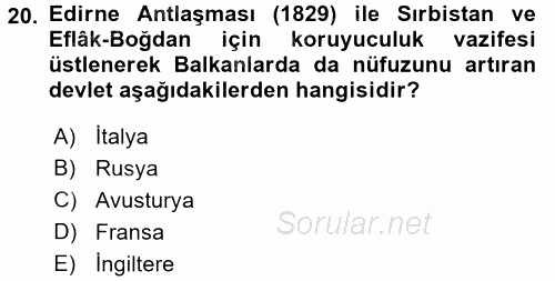 Osmanlı Tarihi (1789-1876) 2017 - 2018 Ara Sınavı 20.Soru