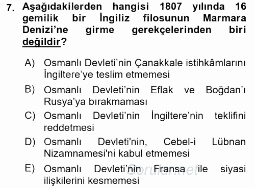 Osmanlı Tarihi (1789-1876) 2017 - 2018 Ara Sınavı 7.Soru