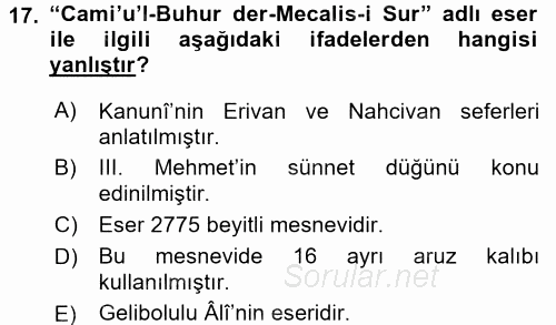XVI. Yüzyıl Türk Edebiyatı 2017 - 2018 3 Ders Sınavı 17.Soru