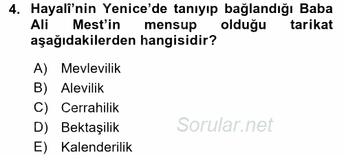XVI. Yüzyıl Türk Edebiyatı 2017 - 2018 3 Ders Sınavı 4.Soru