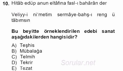 XVIII. Yüzyıl Türk Edebiyatı 2013 - 2014 Ara Sınavı 10.Soru