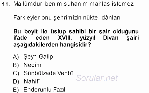 XVIII. Yüzyıl Türk Edebiyatı 2013 - 2014 Ara Sınavı 11.Soru