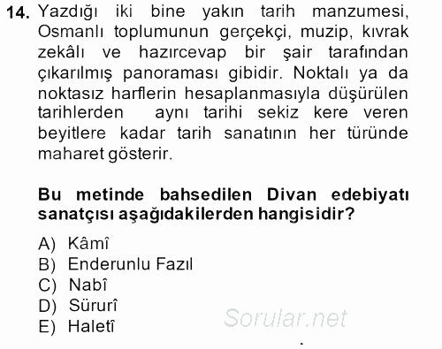 XVIII. Yüzyıl Türk Edebiyatı 2013 - 2014 Ara Sınavı 14.Soru