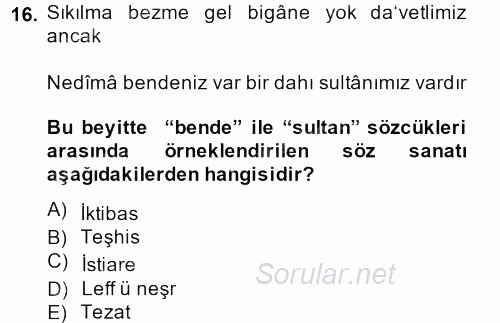 XVIII. Yüzyıl Türk Edebiyatı 2013 - 2014 Ara Sınavı 16.Soru