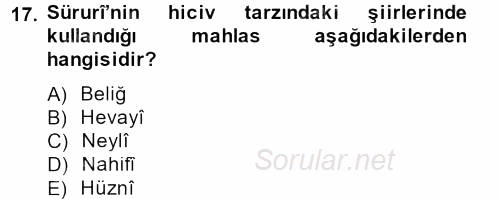 XVIII. Yüzyıl Türk Edebiyatı 2013 - 2014 Ara Sınavı 17.Soru