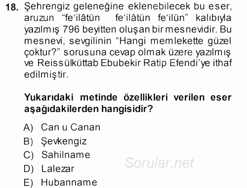 XVIII. Yüzyıl Türk Edebiyatı 2013 - 2014 Ara Sınavı 18.Soru