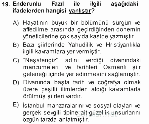 XVIII. Yüzyıl Türk Edebiyatı 2013 - 2014 Ara Sınavı 19.Soru