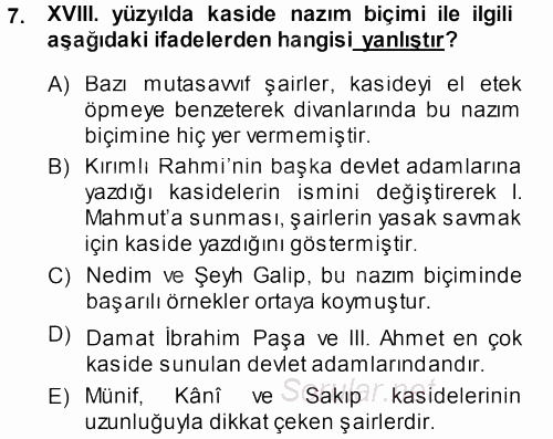 XVIII. Yüzyıl Türk Edebiyatı 2013 - 2014 Ara Sınavı 7.Soru