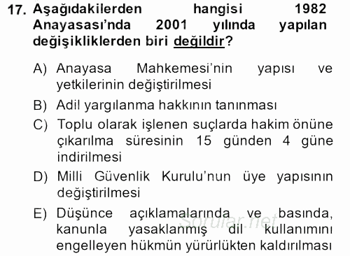 Türk Siyasal Hayatı 2013 - 2014 Ara Sınavı 17.Soru