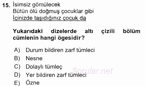 Türk Dili 1 2016 - 2017 3 Ders Sınavı 15.Soru