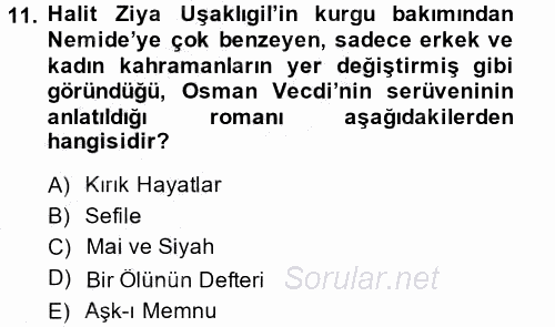 II. Abdülhamit Dönemi Türk Edebiyatı 2014 - 2015 Ara Sınavı 11.Soru