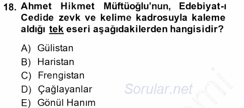 II. Abdülhamit Dönemi Türk Edebiyatı 2014 - 2015 Ara Sınavı 18.Soru