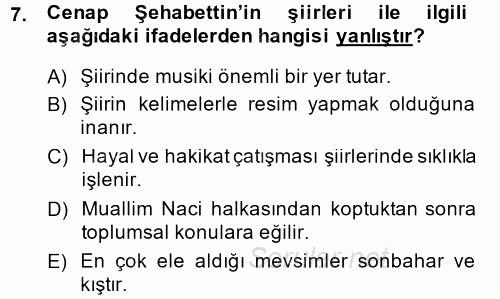 II. Abdülhamit Dönemi Türk Edebiyatı 2014 - 2015 Ara Sınavı 7.Soru