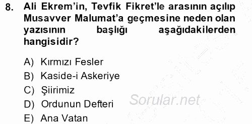 II. Abdülhamit Dönemi Türk Edebiyatı 2014 - 2015 Ara Sınavı 8.Soru