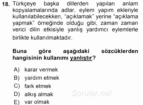 Türk Dili 2 2015 - 2016 Dönem Sonu Sınavı 18.Soru