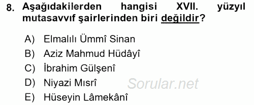 Türk İslam Edebiyatı 2017 - 2018 Dönem Sonu Sınavı 8.Soru